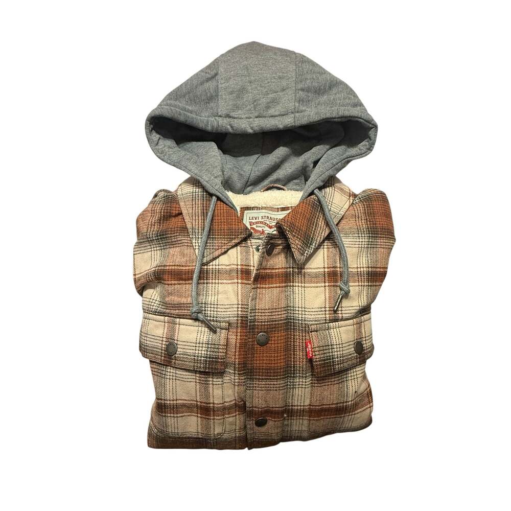 Levi's Men's Brown Ombre Plaid Sherpa-Lined Flannel Lrg Jacket with Jersey Hood - Picture 10 of 11